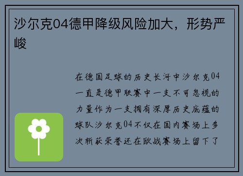 沙尔克04德甲降级风险加大，形势严峻